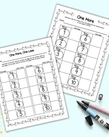 A preview of a one more, one less pale theme worksheet and a worksheet that is one more 1-10
