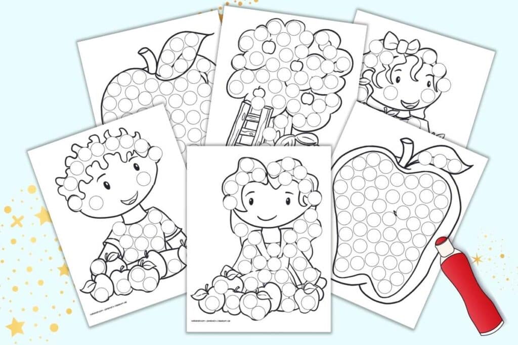A preview of six black and white apple themed dot marker coloring pages