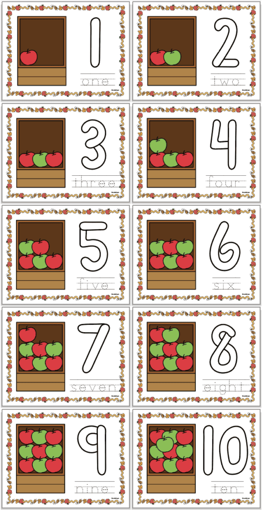 A preview of ten apple themed counting mats in color for preschool students.