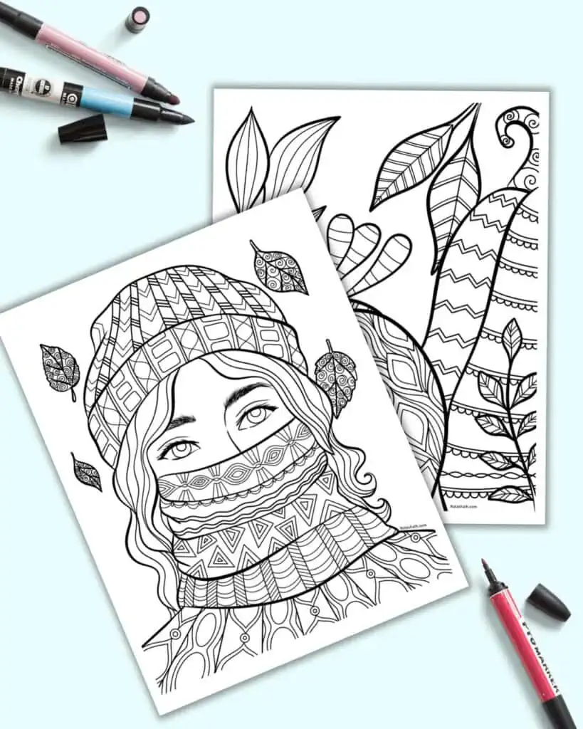 A preview of two detail dial coloring pages for adults with zen-style designs