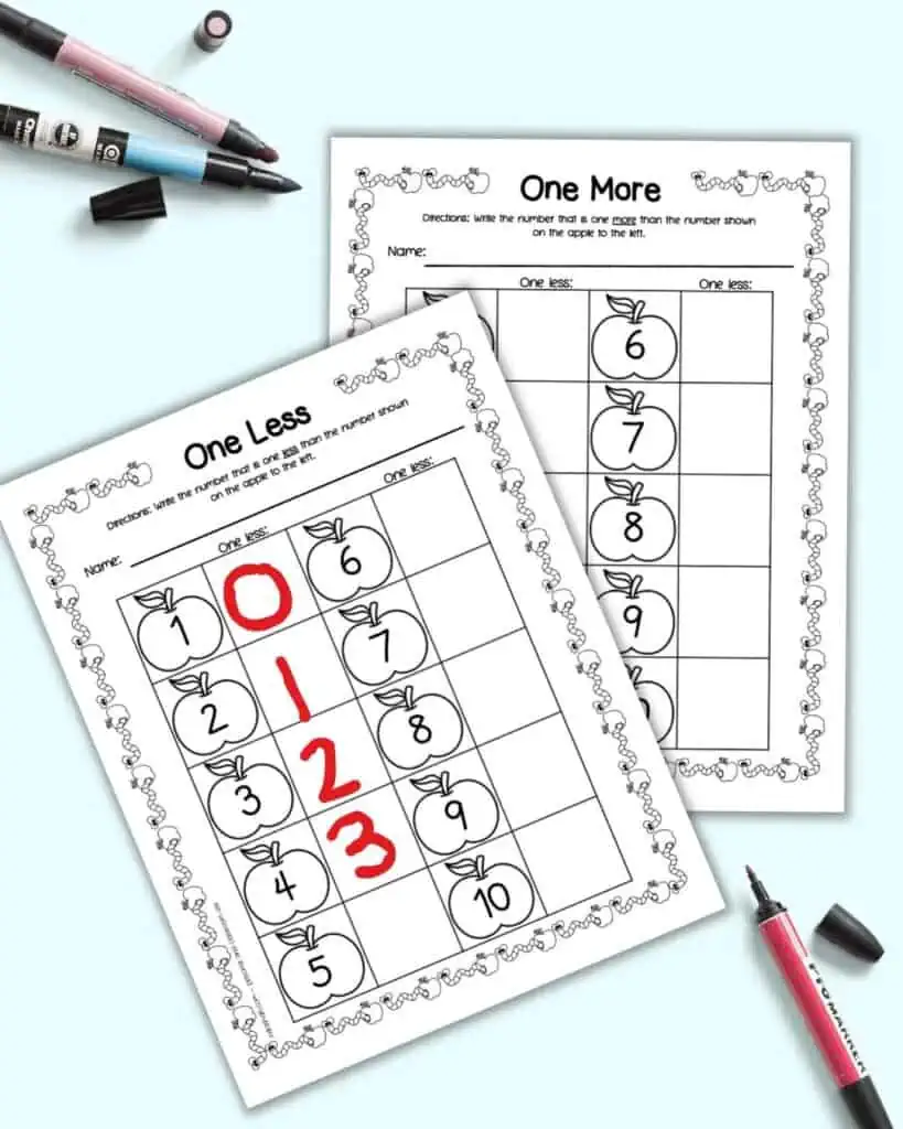A one more and a one less worksheet with numbers 1-10 and an apple theme