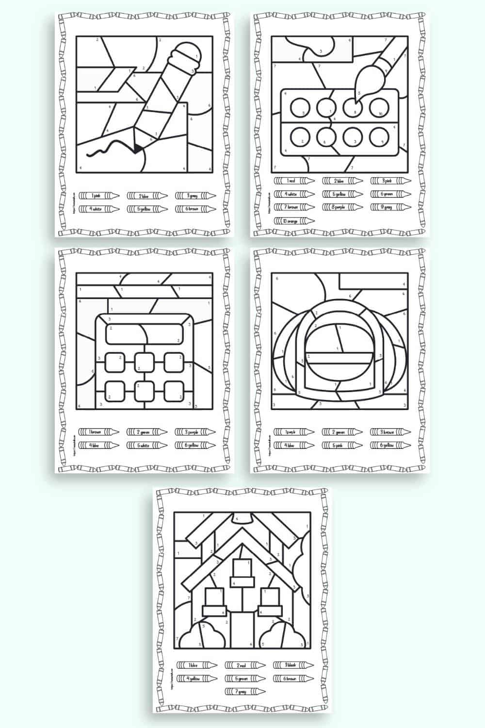 A preview of five back to school color by number pages
