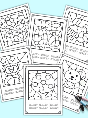 A preview of six fall themed color by number worksheets for preschool and kindergarten.