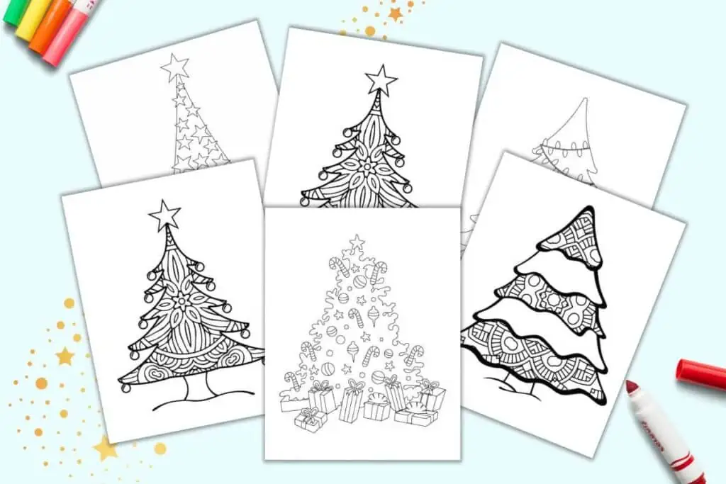 A preview of six Christmas tree coloring pages