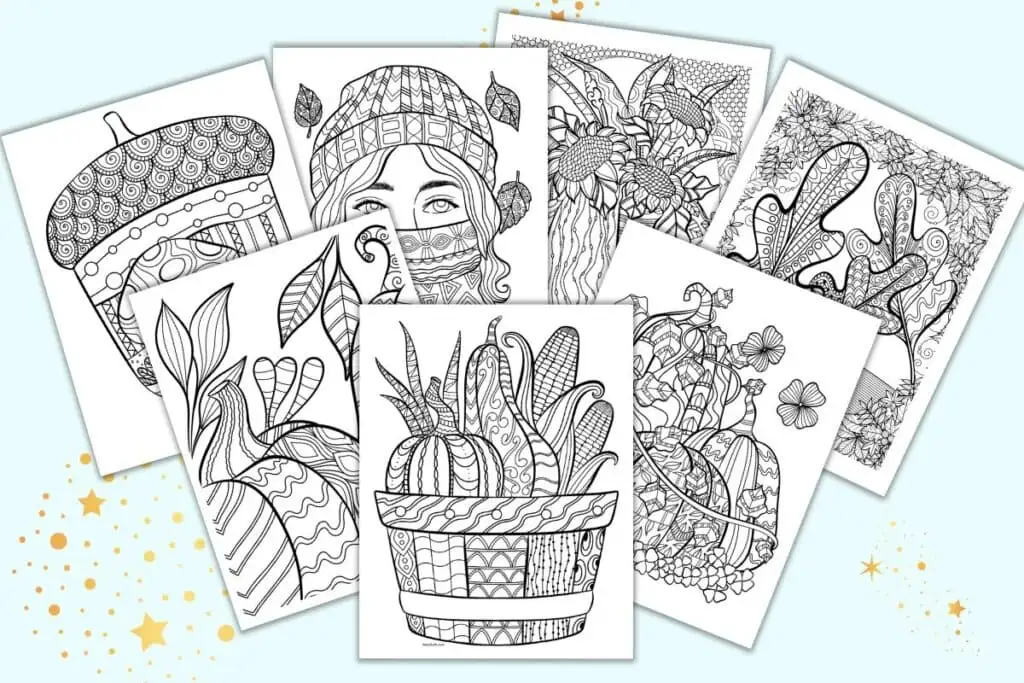 A preview of seven detail dial coloring pages for adults with zen-style designs