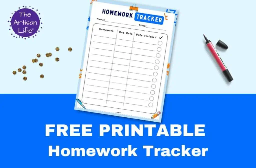 A preview of af free printable homework tracker for kids with the text "free printable homework tracker"
