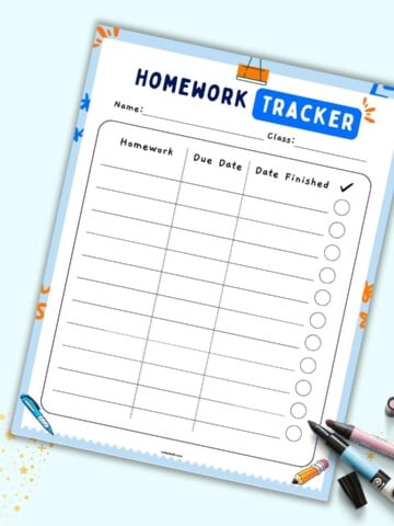 A preview of af free printable homework tracker for kids. IT is shown on a light blue background.