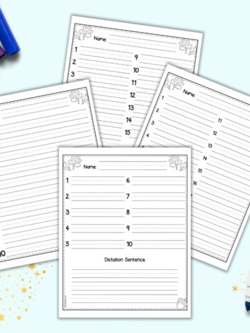 A preview of four sheets of spelling test paper with and without dictation sentence options