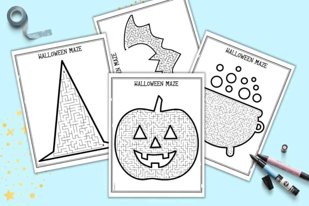 A preview of four printable Halloween themed mazes. One has a cauldron. one a witch hat, one a bat, and the other a Jack o Lantern.