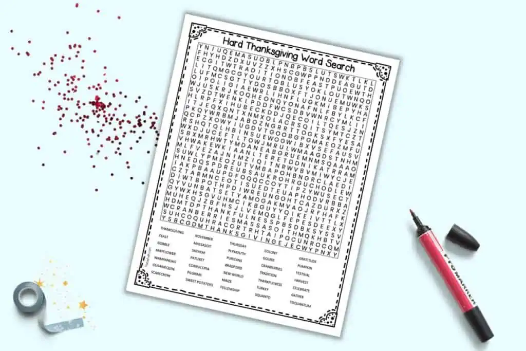 A preview of a hard Thanksgiving word search for adults featuring 35 Thanksgiving related words