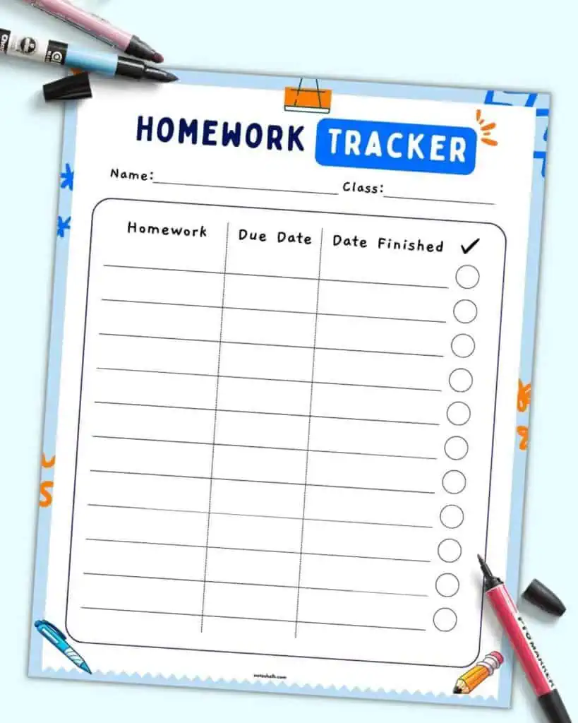 A preview of af free printable homework tracker for kids