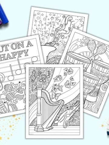 A preview of four music themed coloring pages for older children and adults
