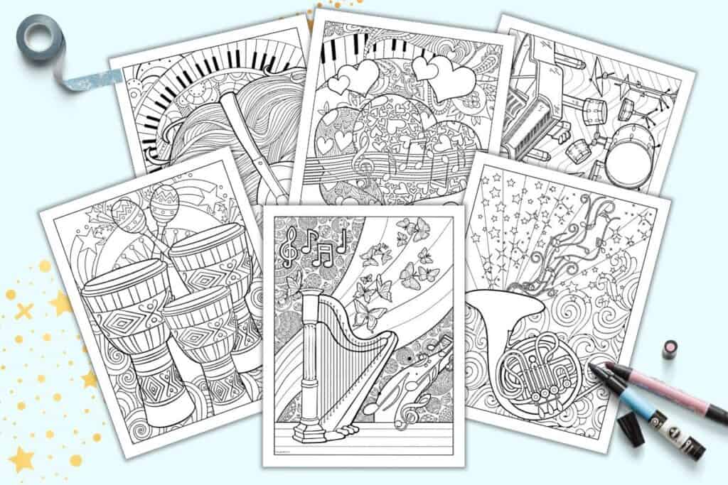 A preview of six detailed music coloring pages for older students and adults