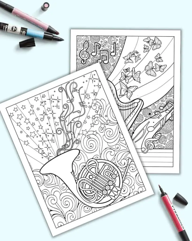 A preview of two printable music themed coloring pages. One has a harp and the other a french horn