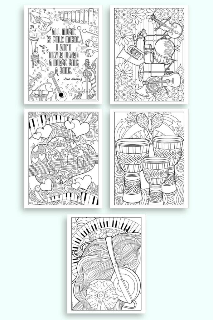 A preview of five music themed coloring sheets for older children and adults