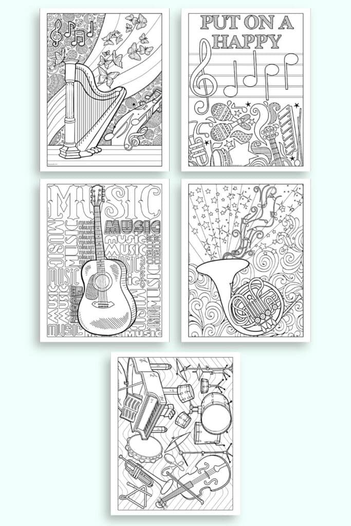 A preview of five music themed coloring pages for older children and adults