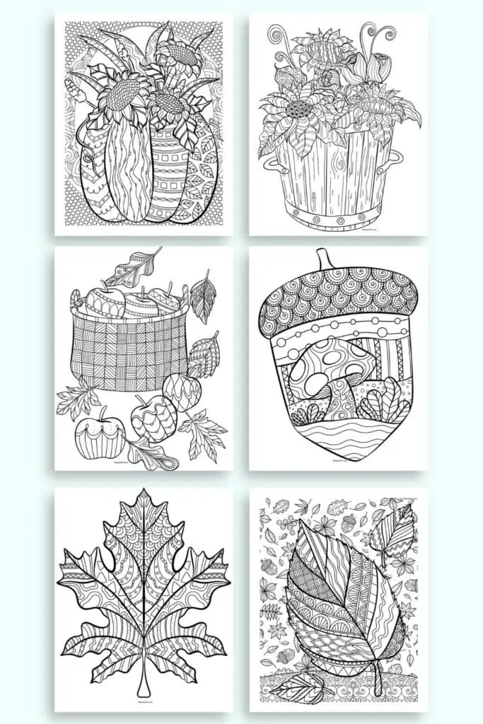 A preview of six detail dial coloring pages for adults with zen-style designs