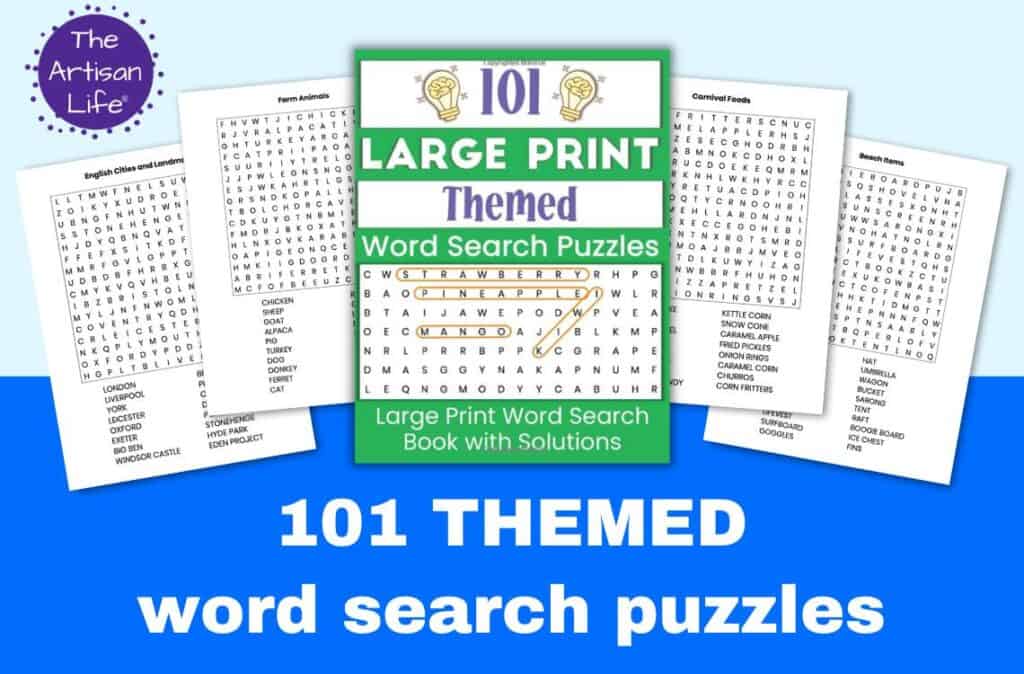 A preview of a book of 101 large print themed word search puzzles for adults