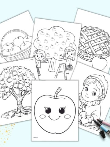 A preview of six fall apple coloring pages for kids including two apple trees, a basket of apples, a cute apple, and a child with a crate of apples