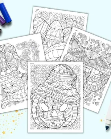 A preview of four Halloween coloring pages for adults with zen-style details