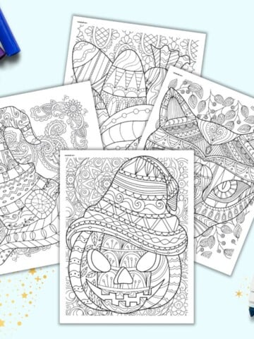 A preview of four Halloween coloring pages for adults with zen-style details