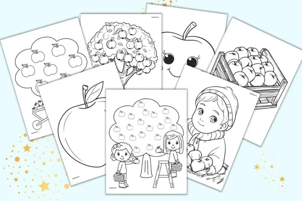 A preview of seven fall apple coloring pages for children 