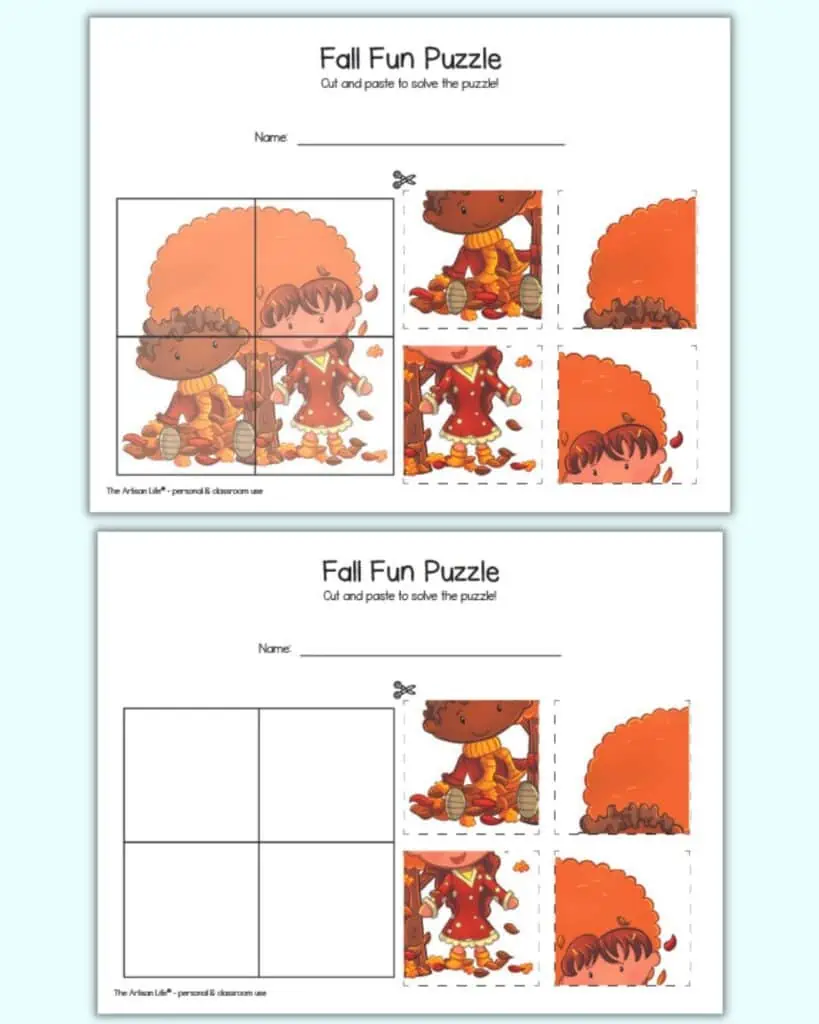 A preview of two pages of printable four piece cut and paste puzzle. Both puzzles feature an image with a fall tree and a boy and a girl. One has a hint image behind the puzzle grid and the other does not. They two pages are stacked over each other on a light blue background