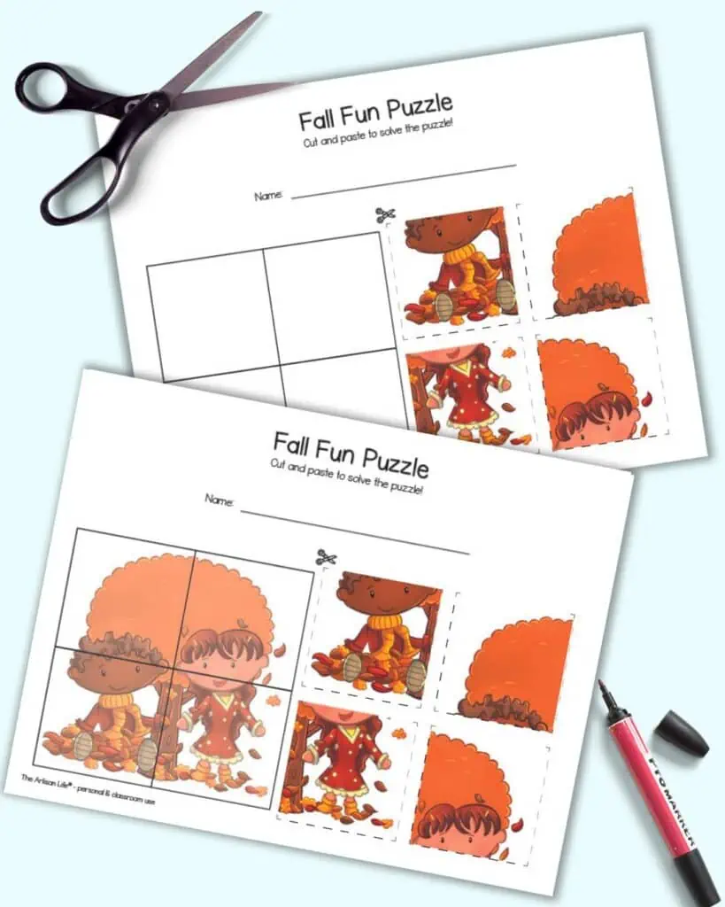 A preview of two pages of printable four piece cut and paste puzzle. Both puzzles feature an image with a fall tree and a boy and a girl. One has a hint image behind the puzzle grid and the other does not. They are on a light blue background