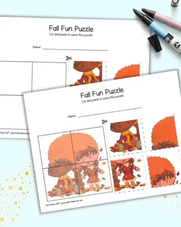 A preview of two pages of printable four piece cut and paste puzzle. Both puzzles feature an image with a fall tree and a boy and a girl. One has a hint image behind the puzzle grid and the other does not.