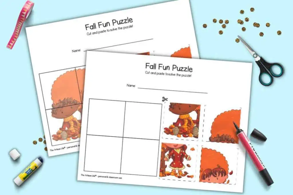 A preview of two pages of printable four piece cut and paste puzzle. Both puzzles feature an image with a fall tree and a boy and a girl. One has a hint image behind the puzzle grid and the other does not.