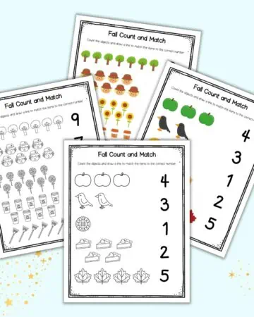 A preview of four fall themed number matching worksheets. To are color and two black and white.