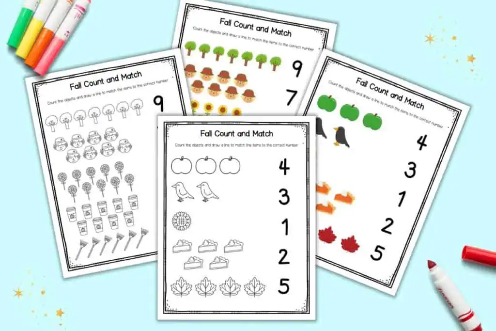 A preview of four fall themed number matching worksheets. Two are in color and two are in black and white.