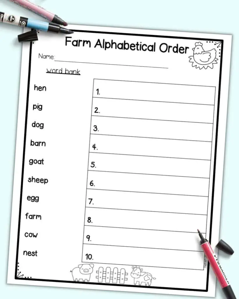 A preview of a farm theme alphabetical order worksheet for first and second graders.
