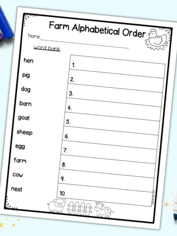 A preview of a farm theme alphabetical order worksheet for first and second graders. It has ten on syllable words to put in alphabetical order
