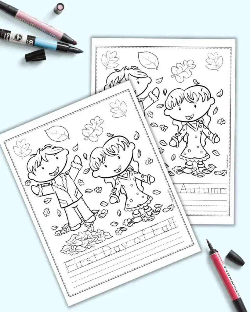 A preview of two kindergarten worksheets. Both have children playing in fall leaves to color. One has "first day of fall" in a dotted font to trace and the other has "first day of autumn" in a tracing font.