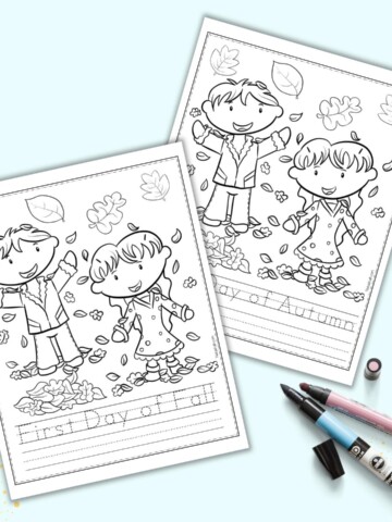 A preview of two kindergarten worksheets. Both have children playing in fall leaves to color. One has "first day of fall" in a dotted font to trace and the other has "first day of autumn" in a tracing font. They are on a light blue background.
