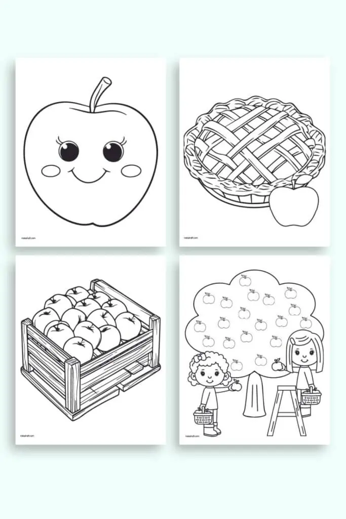 A preview of four simple apple coloring pages for kids