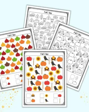 A preview of four fall I spy printables - two are in color, two in black and white