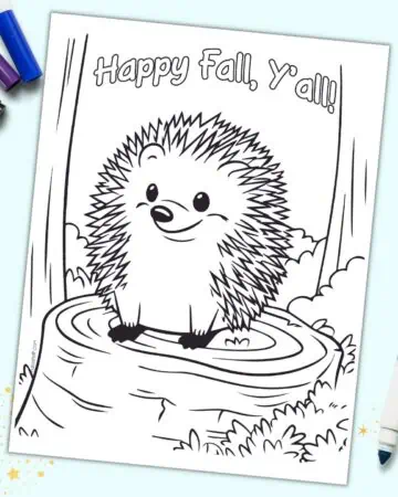 A preview of a happy fall y'all coloring page with a hedgehog on a stump
