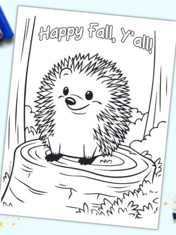 A preview of a happy fall y'all coloring page with a hedgehog on a stump