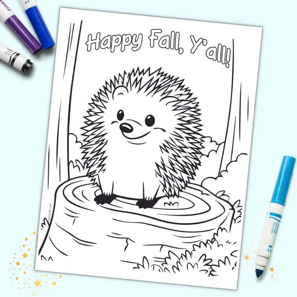 A preview of a coloring page with the text "happy fall y'all" with a hedgehog on a stump