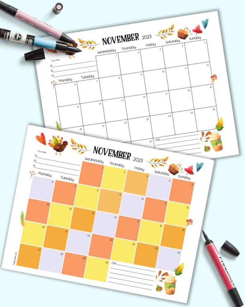 A preview of two printable November calendar pages for 2023. One is fully colored and the other is partially colored with fall themed clip art.