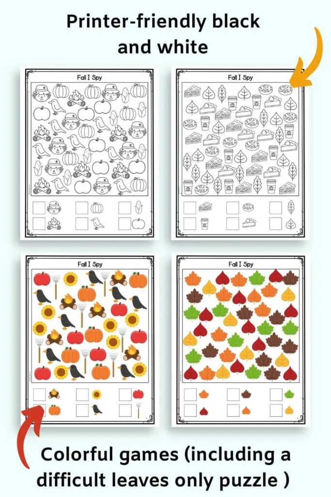 A preview of four fall I spy printable games with text "printer friendly b lack and white" and "colorful games (including a difficulty leaves only puzzle)"