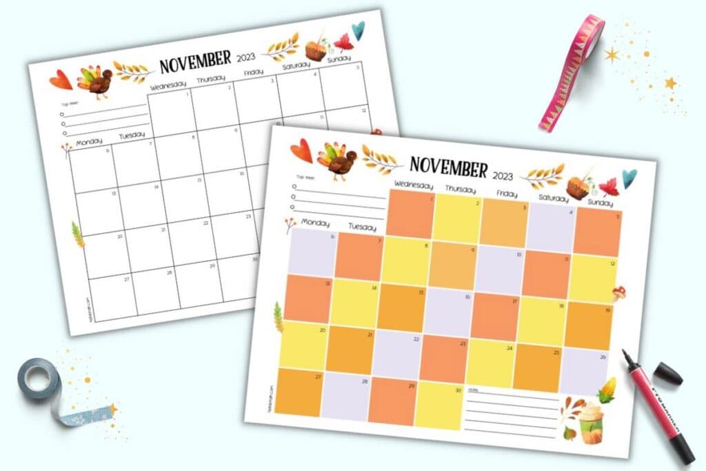 A preview of two printable November calendar pages for 2023