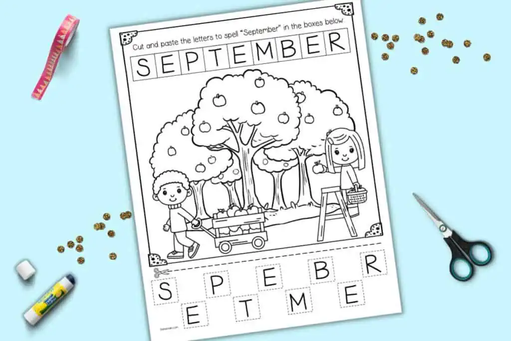 A mockup of a September cut and paste worksheet with kids at an apple orchard to color and letter tiles spelling "September" to cut and paste. It is shown on a light blue background with a pair of small scissors.
