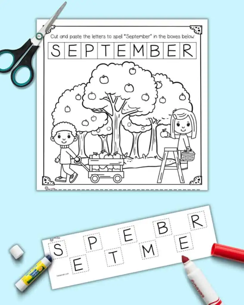 A mockup of a September cut and paste worksheet with kids at an apple orchard to color and letter tiles spelling "September" to cut and paste.