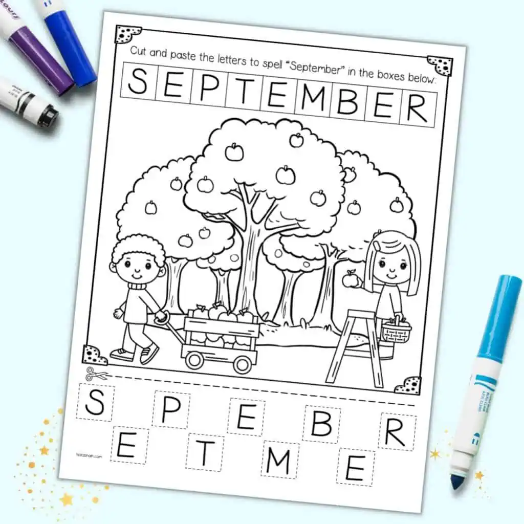 A preview of a September cut and paste worksheet with kids at an apple orchard to color and letter tiles spelling "September" to cut and paste.