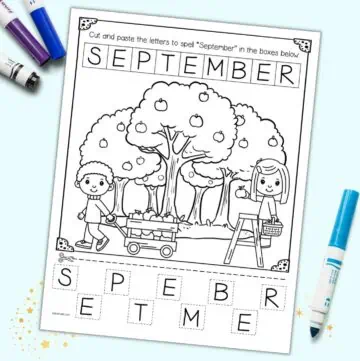 A mockup of a September cut and paste worksheet with kids at an apple orchard to color and letter tiles spelling "September" to cut and paste. It is shown on a light blue background with a pair of small scissors.