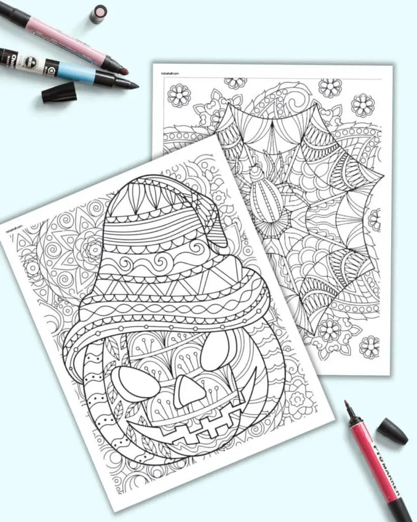 A preview of two Halloween coloring pages for adults with zen-style details. Pages include a spider web and a jack o lantern with a witch hat.