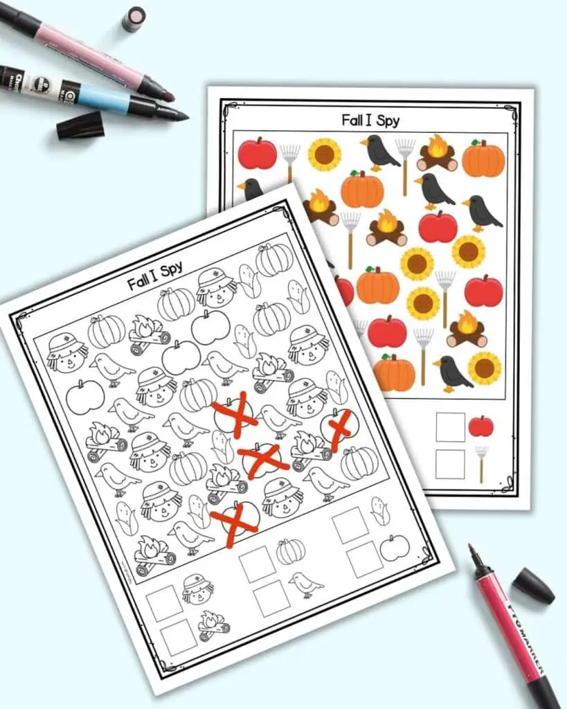 A preview of using a fall I spy printable for preschool and kindergarten students